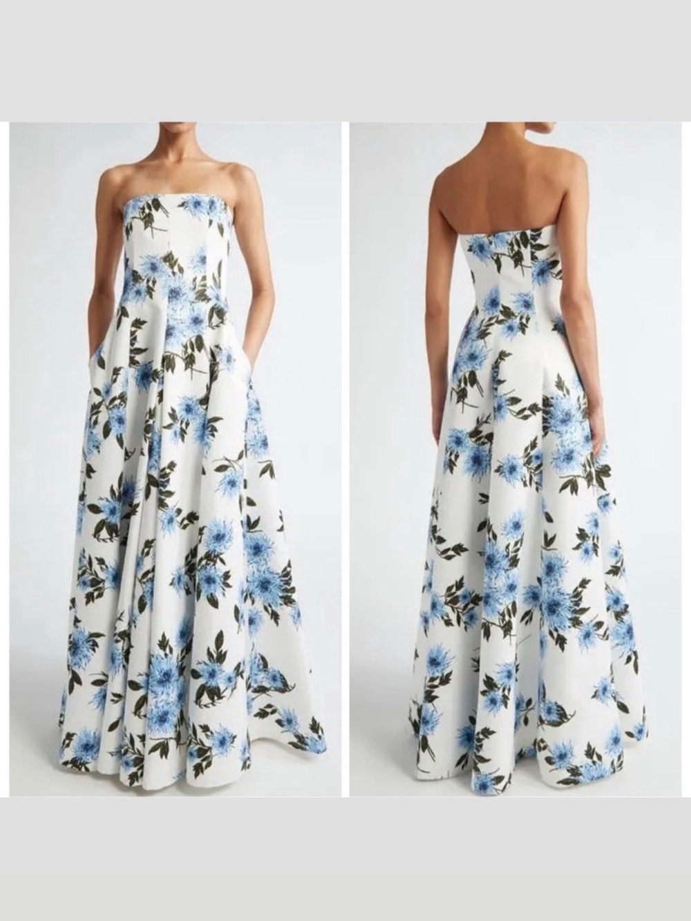 Emilia Wickstead Ragan Strapless Floral Maxi Gown Dress White Blue Green US 4 ⚪️